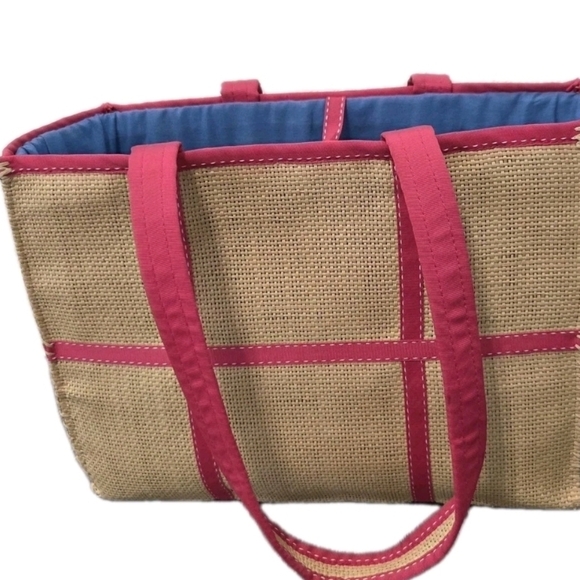 Vintage Ralph Ralph Lauren Straw Medium Tote Bag Pink Accents Lined Classic - Picture 3 of 10